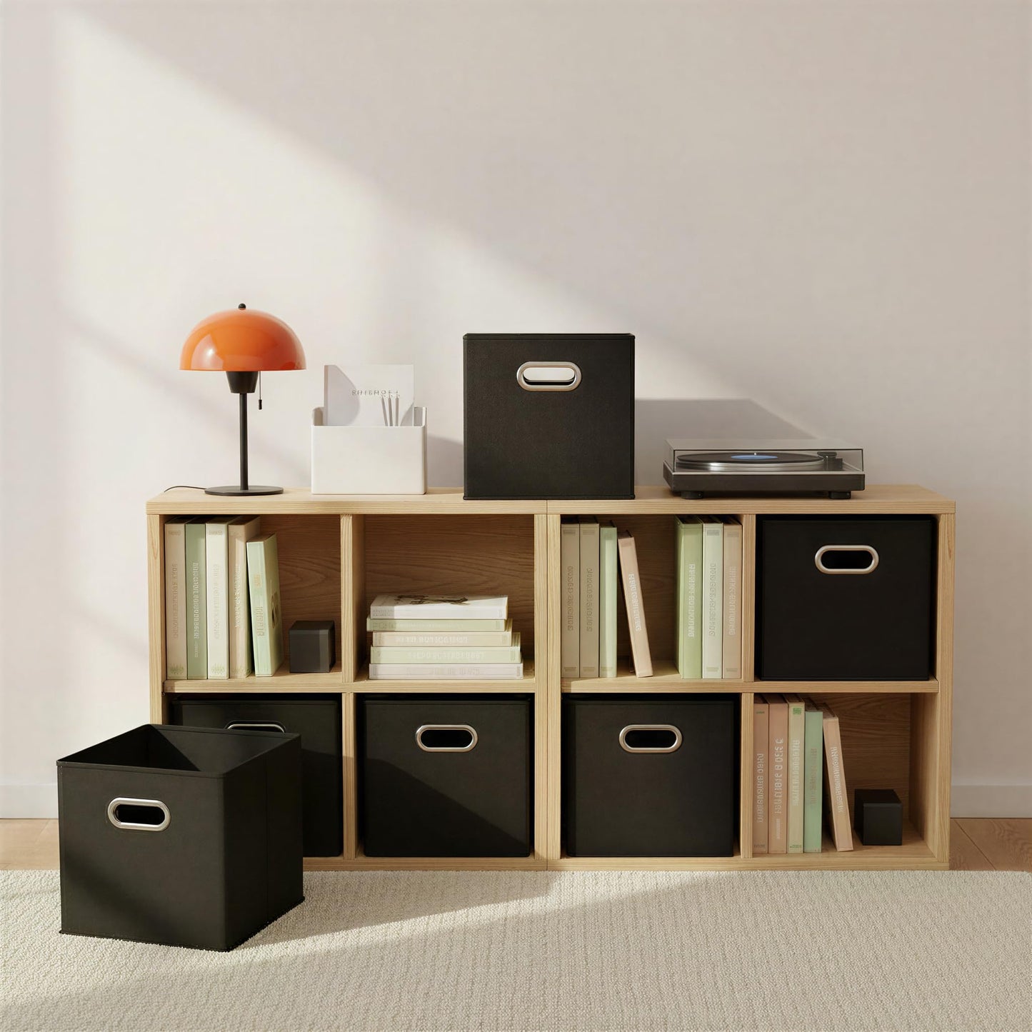 Household Essentials Foldable Fabric Storage Bins 6 Piece Set, Strong Poly-Woven Fabric, Sturdy Chipboard Sides, Grommet Front Handle, Stackable, Classic Design, Black