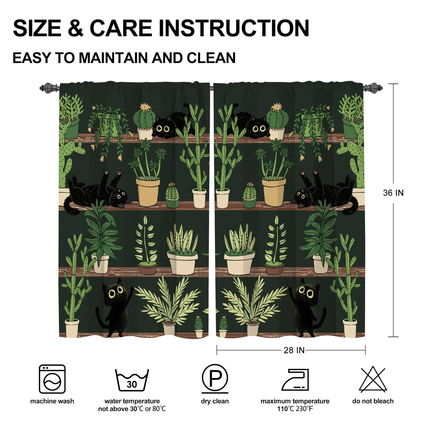 Worltoldb Black Cat Cactus Kitchen Curtains Cafe Curtains for Bathroom Dining Room Living Room Pocket Window Drapes 2 Panels Set 28"x36"