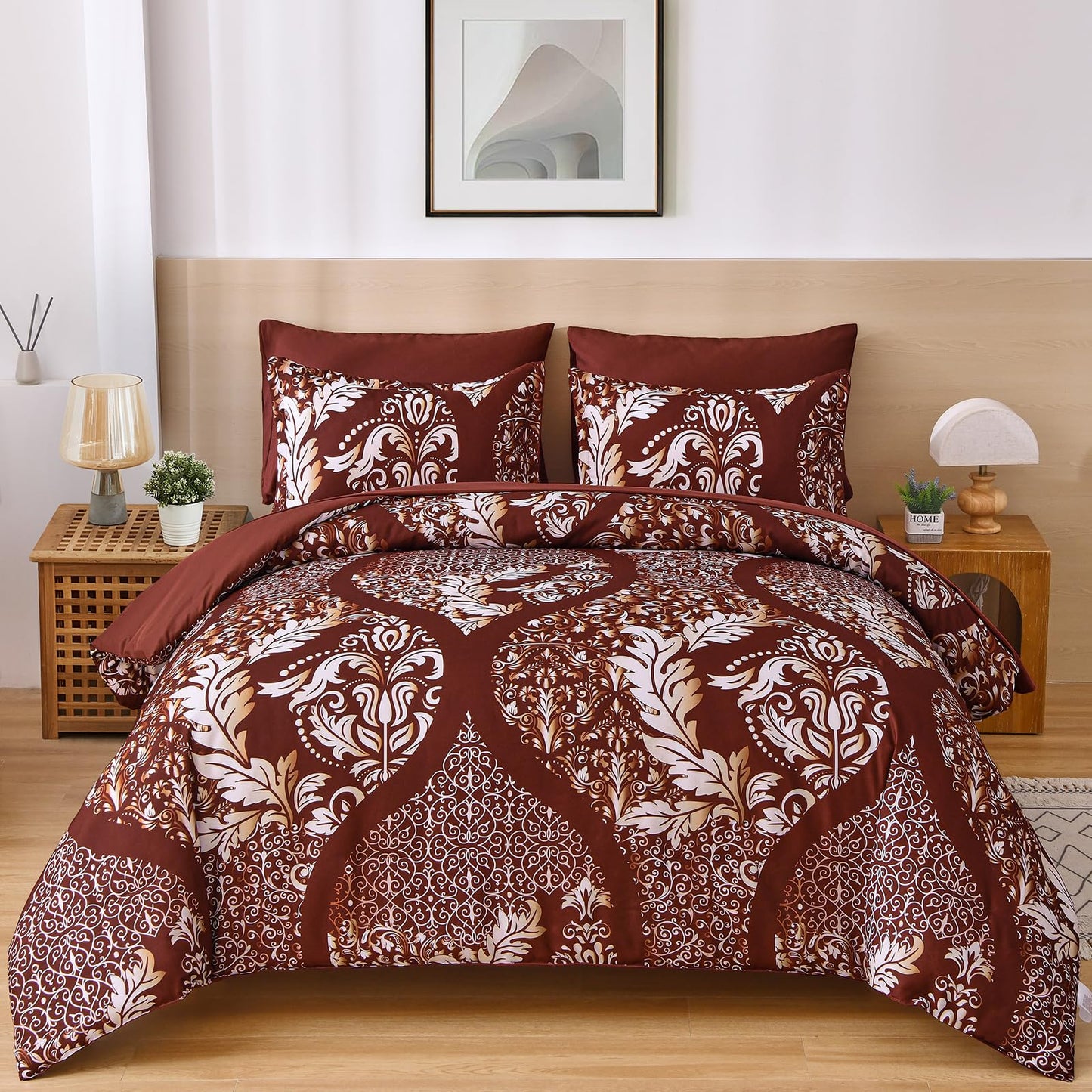 Anibedding Burgundy Comforter Set King Size, 7 Pieces Bed in a Bag Bohemian Damask Comforter Set, Soft Lightweight Microfiber Bedding Set for All Season (104"x90")