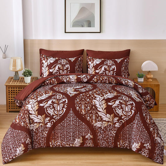 Anibedding Burgundy Comforter Set King Size, 7 Pieces Bed in a Bag Bohemian Damask Comforter Set, Soft Lightweight Microfiber Bedding Set for All Season (104"x90")