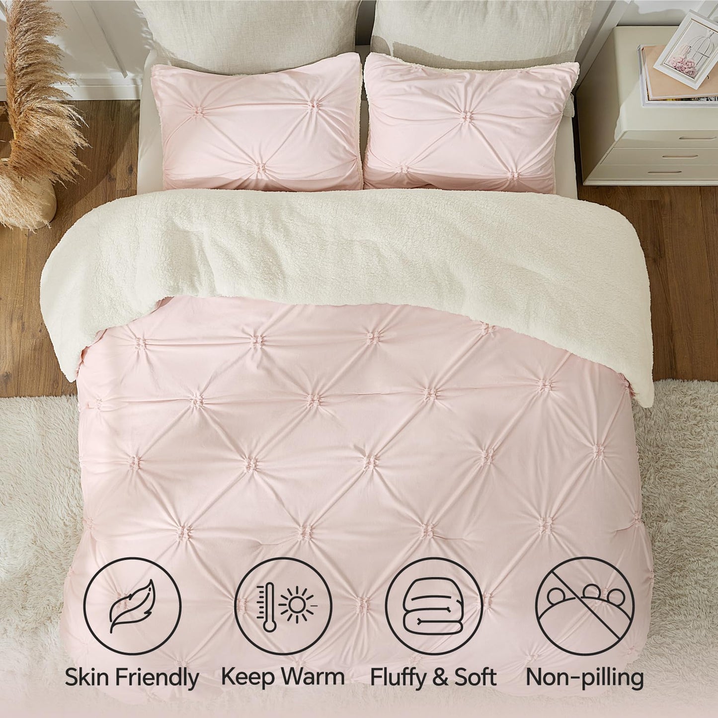 BEDELITE Pituck Fluffy Queen Comforter Set - Super Soft Sherpa Pink Comforter for Queen Size Bed, Luxury Warm Bedding Set for Winter, Fuzzy Bed Set 3 Pieces (1 Comforter, 2 Pillowcases)