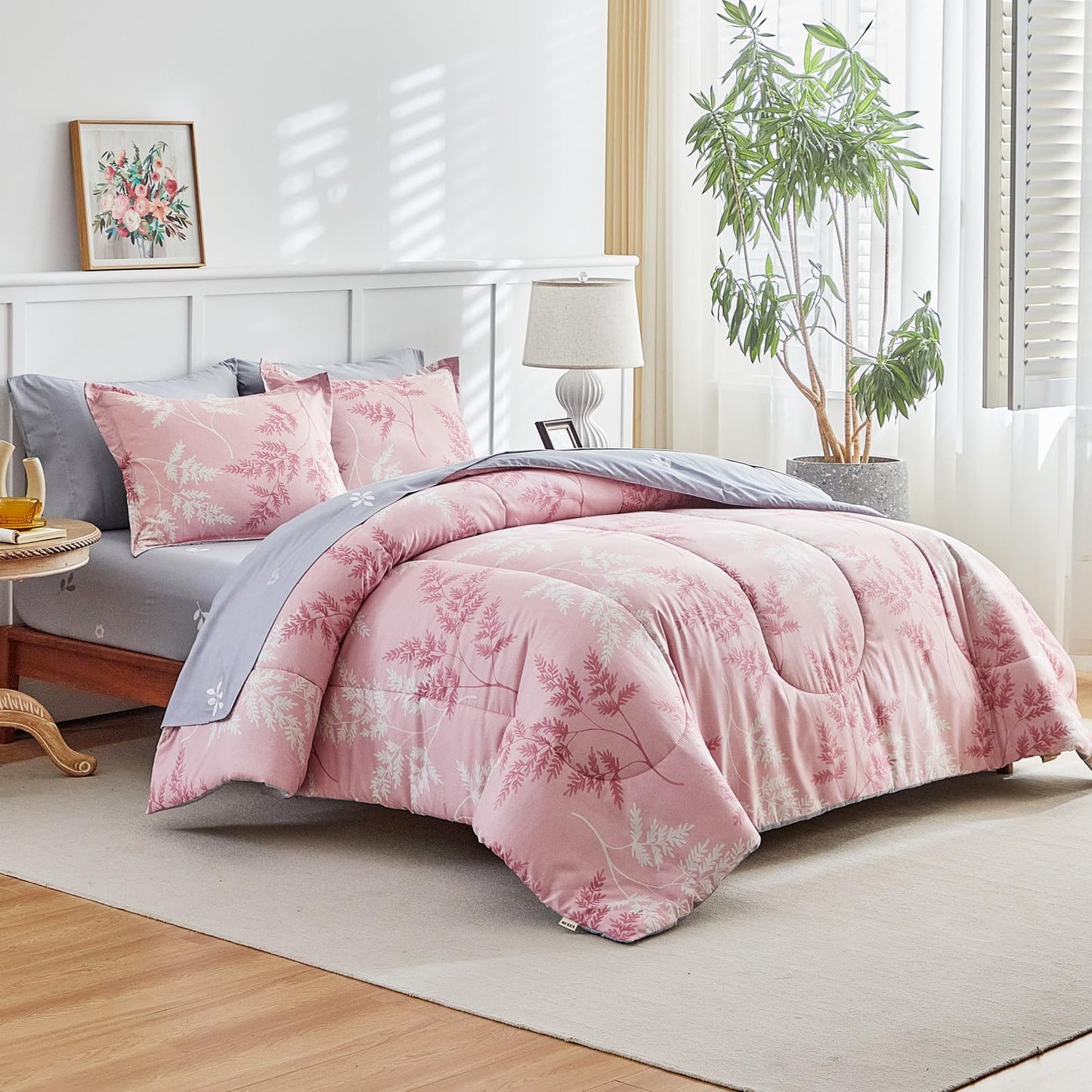 AIKASY Pink Queen Comforter Set with Sheets,Bed in a Bag 7-Pieces,Palm Tree Totem Printing Design,Ultra Soft Down Alternative All Season Bedding Set(Queen, Pink)