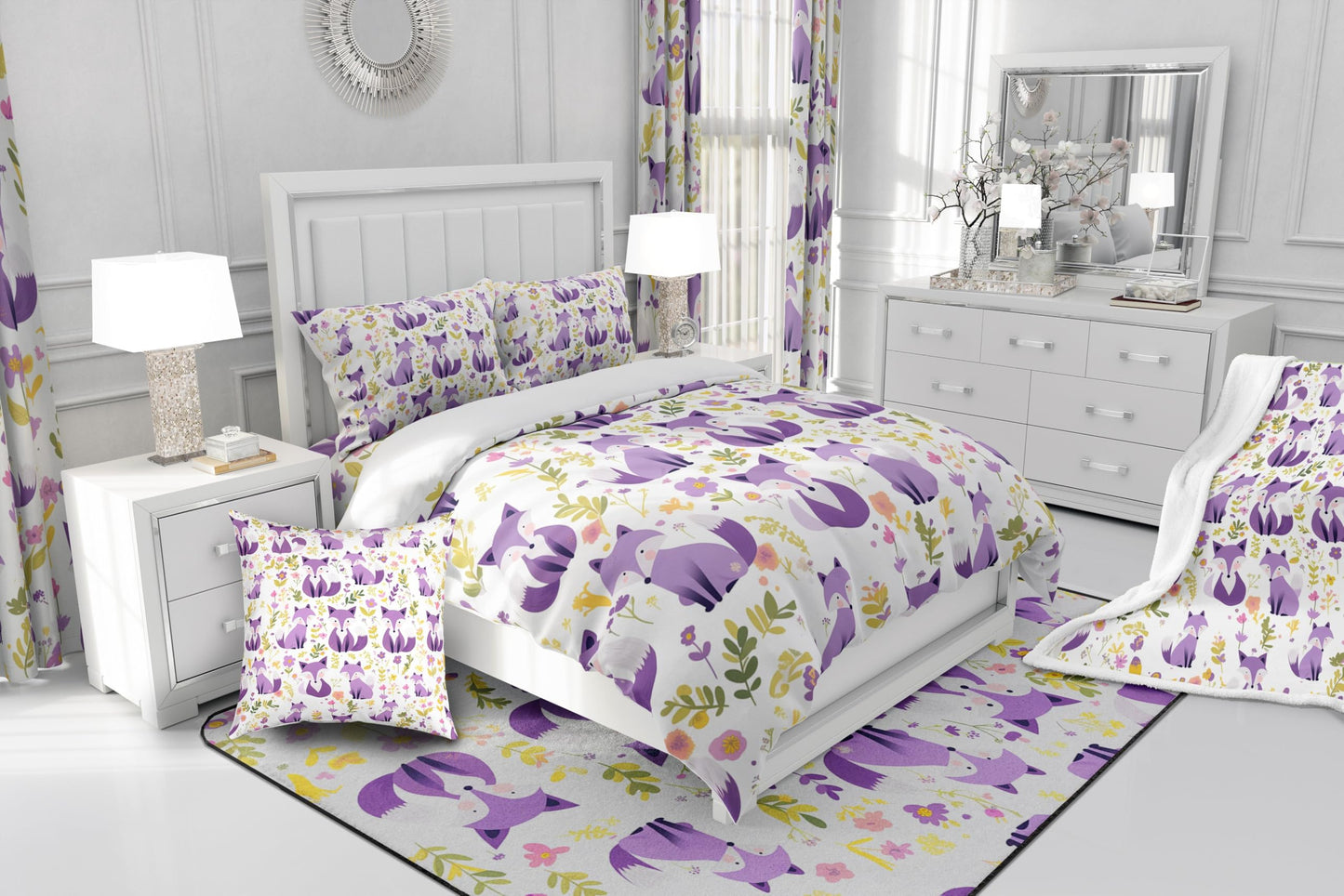 Feelyou Purple Fox Comforter Set Twin Size Kids Cute Cartoon Fox Bedding Set for Boys Girls Teens Animal Floral Comforter Breathable Woodland Fox Duvet Set Nature Wildlife Quilt Set