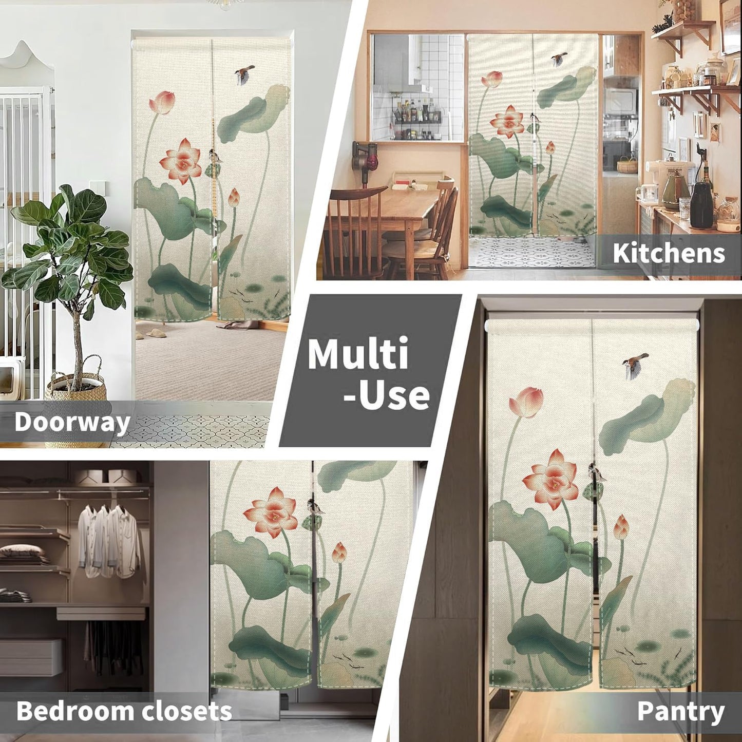Leowefowa Japanese Noren Doorway Curtain Tapestry Traditional Lotus Bird Printed Window Treatment Polyester for Hanging Room Divider Home Decor Japanese Privacy Kitchen Door Curtains, 33.5"x 70.9"
