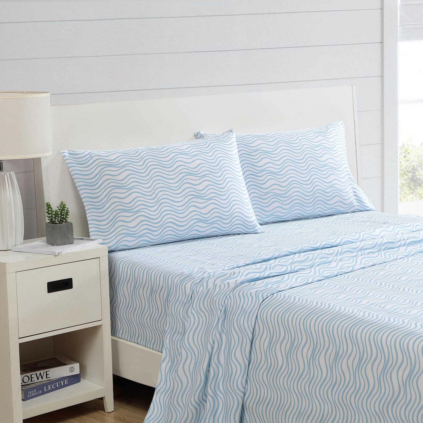 Nautica - Sheet Set, Breathable & Cooling Microfiber Bedding with Matching Pillowcase, Deep Pocket, Fully Elasticized (Linearly Waves Ocean Breeze Blue, Twin)