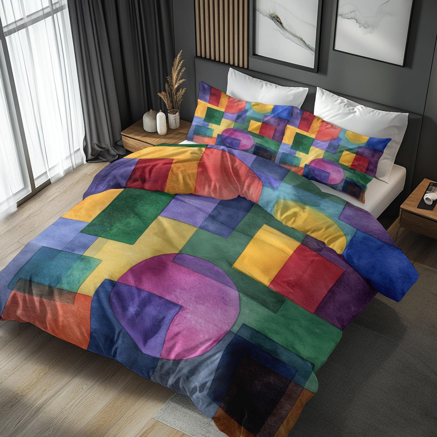 Colorful Geometric Queen Duvet Cover Set 3 Piece, Retro Abstract Art Reversible Bedding with 2 Pillow Shams, Zipper & Ties, Ultra Soft Microfiber, Geometric Bedroom Decorations 80A-T