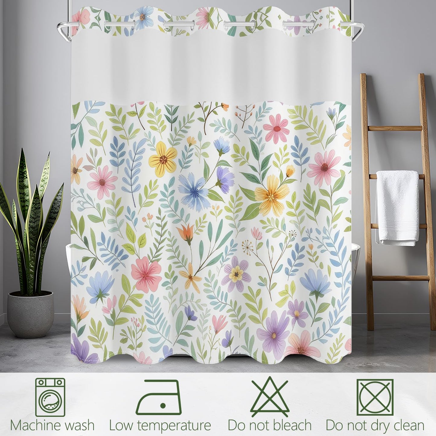 No Hook Shower Curtain with Snap in Fabric Liner Set, Waterproof & Washable, Boho Colorful Plant Floral Shower Curtains for Bathroom, Farmhouse Rustic Flower Bathroom Curtain, House Gift, 71x74 inch