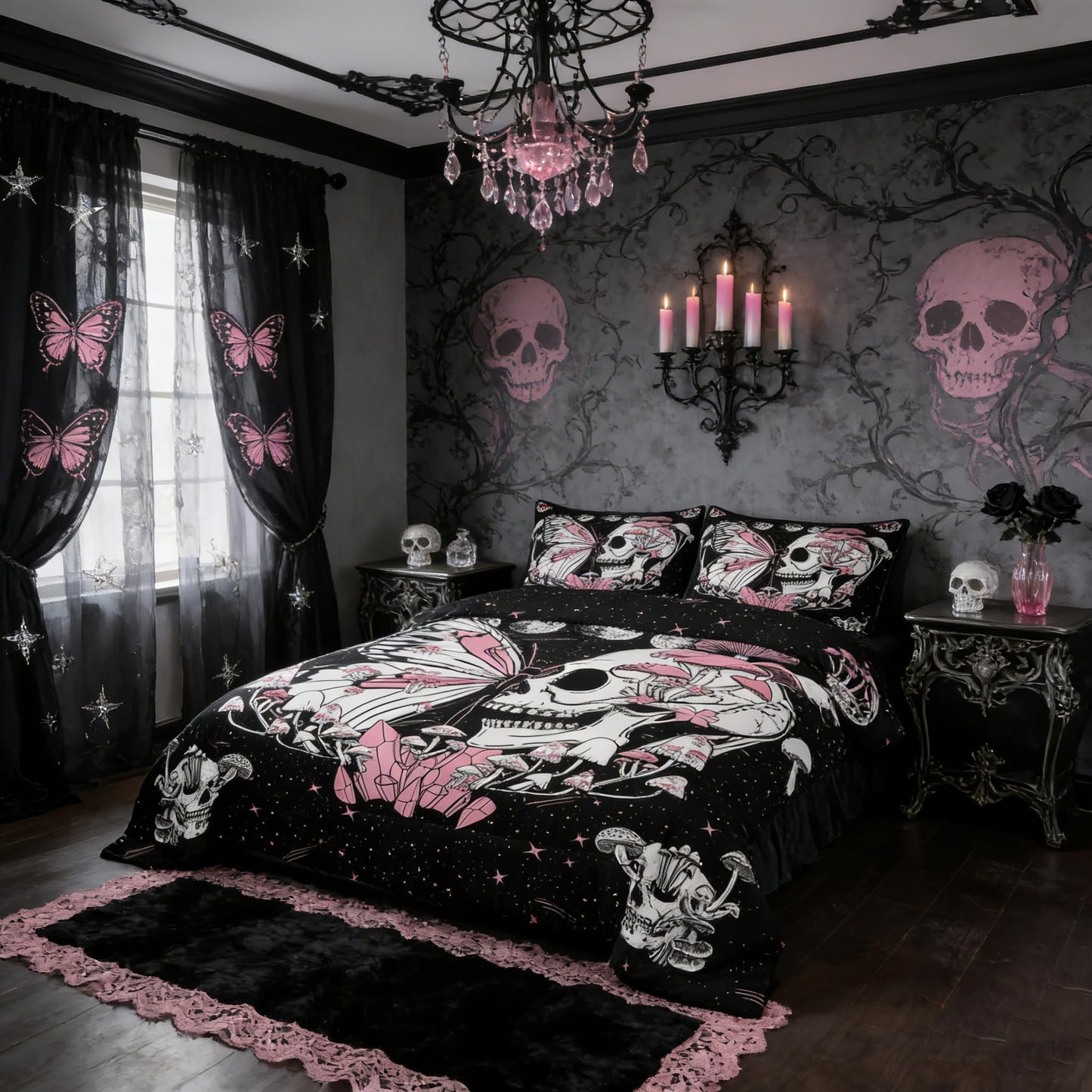 Skull Skull Bedding Set Full Size Pink Butterfly Mushroom Comforter Set Starry Galaxy Moon Quilted Duvet 3pcs for Kids Teens Girls Boys Bedroom Decor Wild Animals Plants Bedspread,2 Pillowcases
