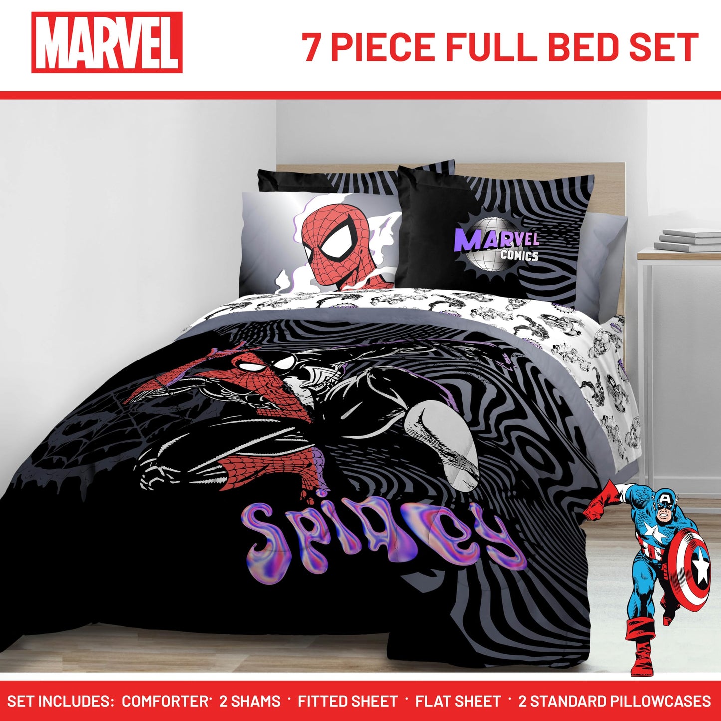 Jay Franco Kids Comforter Set Includes Sheets and Pillow Covers - Soft and Cozy Bed Set for Stylish Room Decor, Black - Marvel Comics, 7 Piece Full Size Bedding