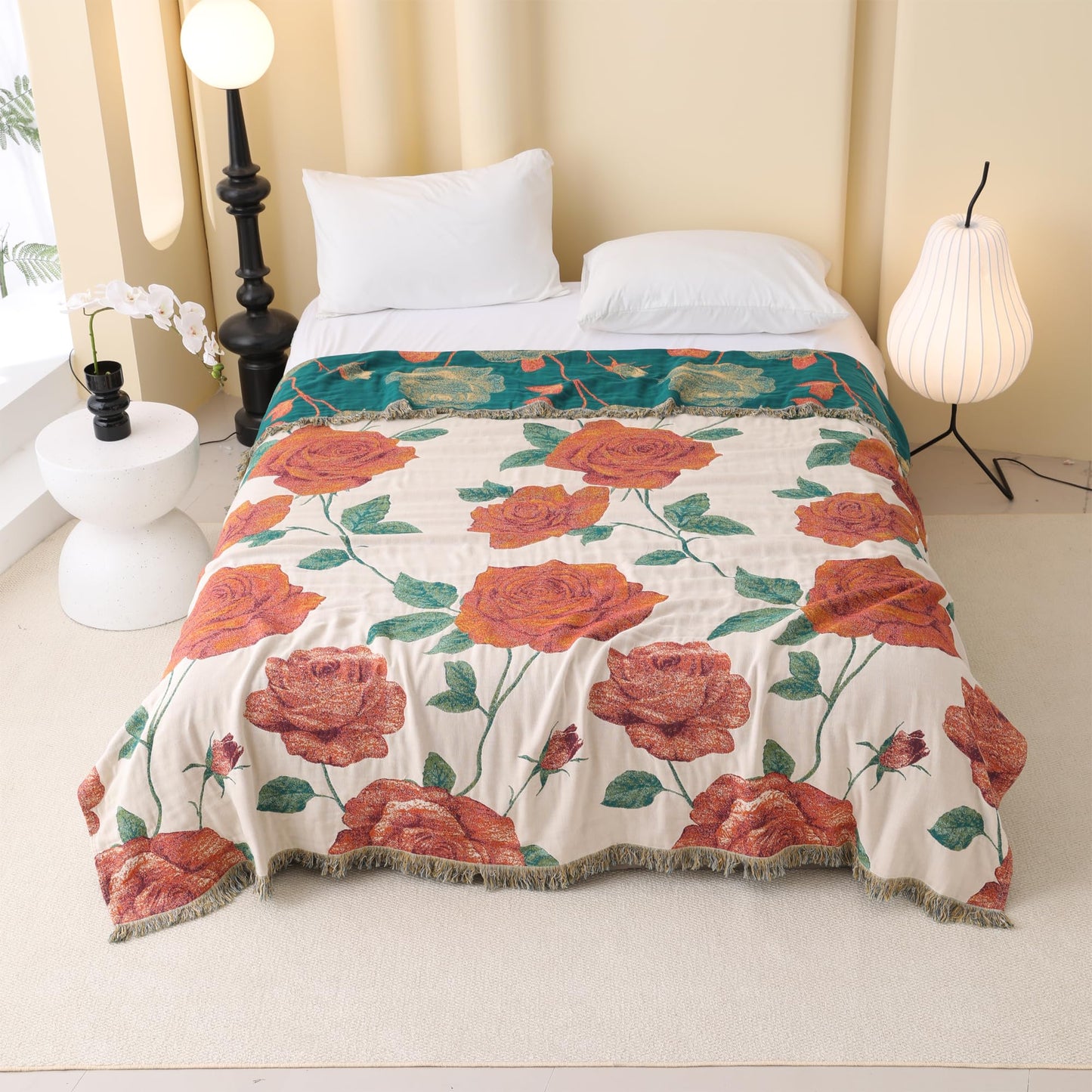 BRYALIX 100% Cotton Muslin Floral Throw Blanket, Red Rose Pattern, Lightweight Quilt, Boho Farmhouse Decorative Fringed Reversible Jacquard Throw for Home, Picnic, Travel, 60"x80"