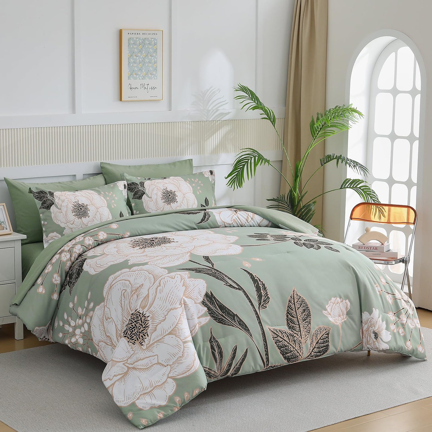 Luxudecor Floral Queen Comforter Set 7 Pieces Bed in a Bag, White Flower Print on Green Bedding Set, Soft Reversible Comforter with Sheet Set 90"x90"