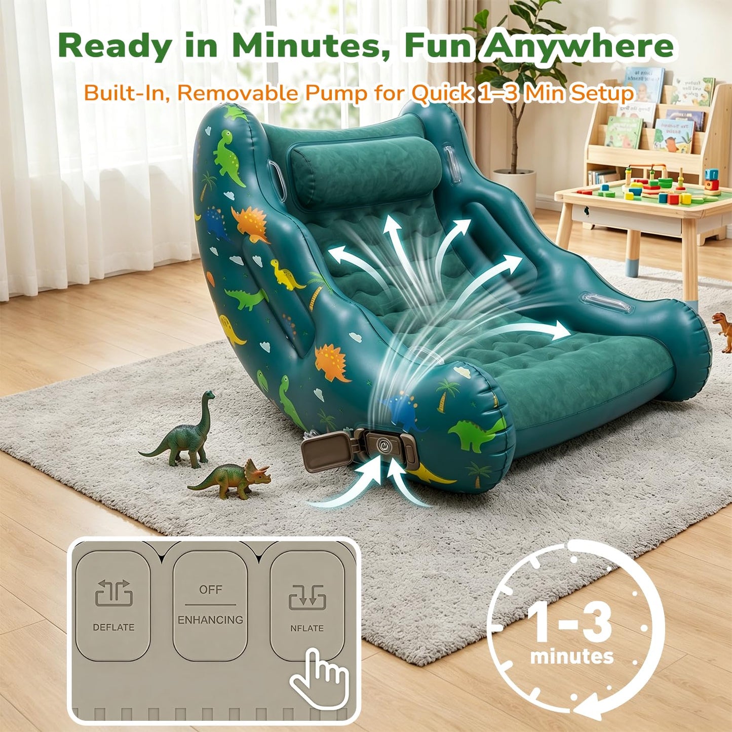 Toys for 3-12 Year Old Boys Girls, Dinosaur Inflatable Rocking Chair for Kids with 1-Click Fast Auto-Inflation, 3 4 5 6 7+ Year Old Boy Girl Birthday Gifts, Indoor Outdoor Dino Toys for Kid Ages 4-8