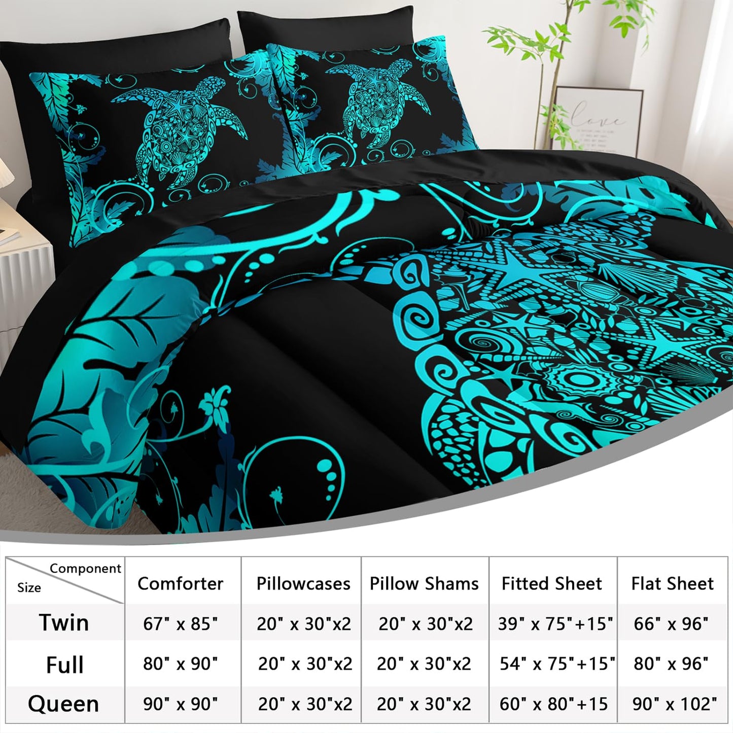 AILONEN Aqua Blue Black Turtle Comforter Set Full,7-Piece Soft Bed in a Bag for Kids Teen,Ocean Shell Sea Turtle Comforter & Fitted Sheet with Flat Sheet & 2 Pillowcases,2 Pillow Shams for Bedroom