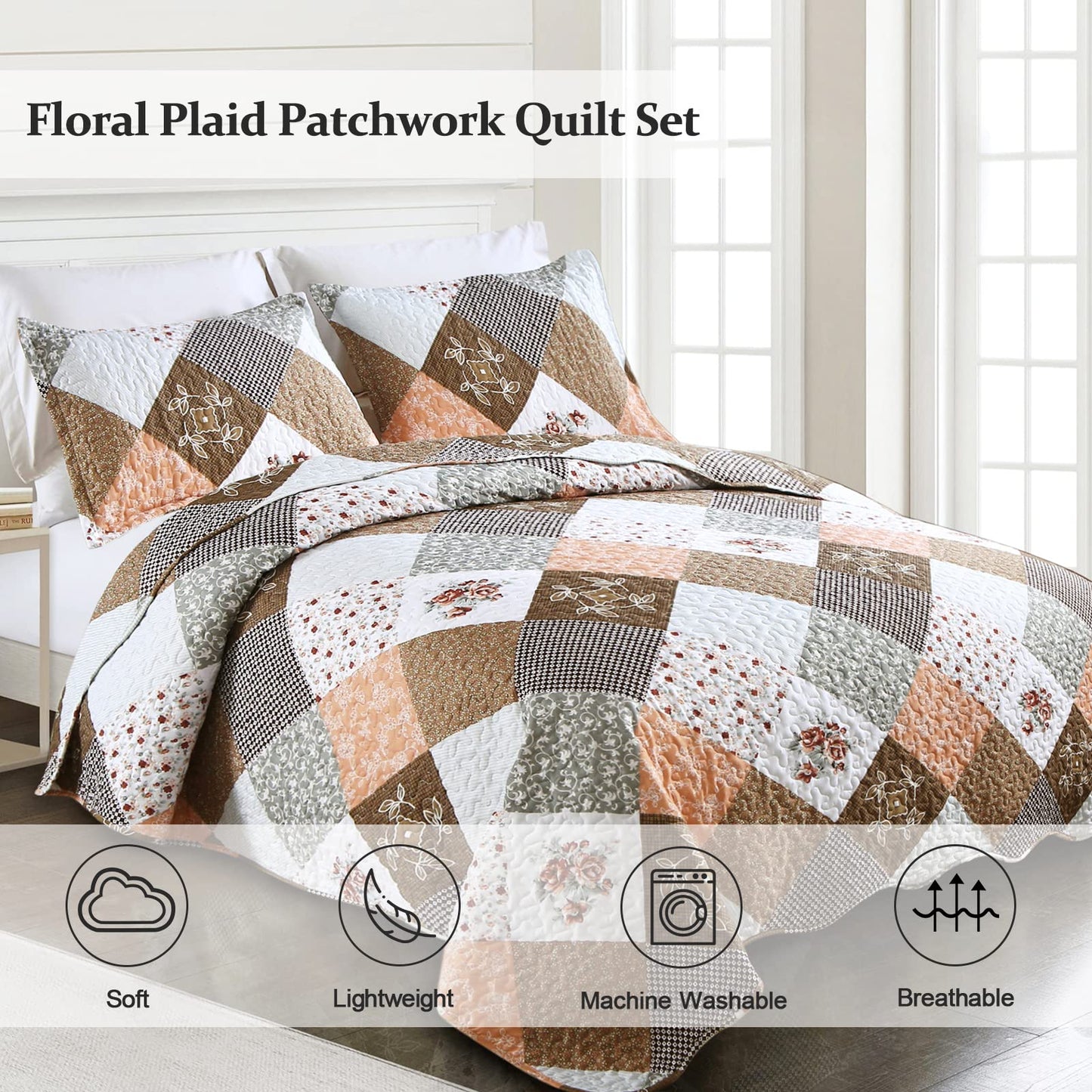 Dinjoy Floral Plaid Patchwork Quilt Set Queen Size, Reversible Brown Bedding Set Soft Microfiber Lightweight Bedspread Coverlet 3 Piece Spring Summer Fall Use (90x90 inches)