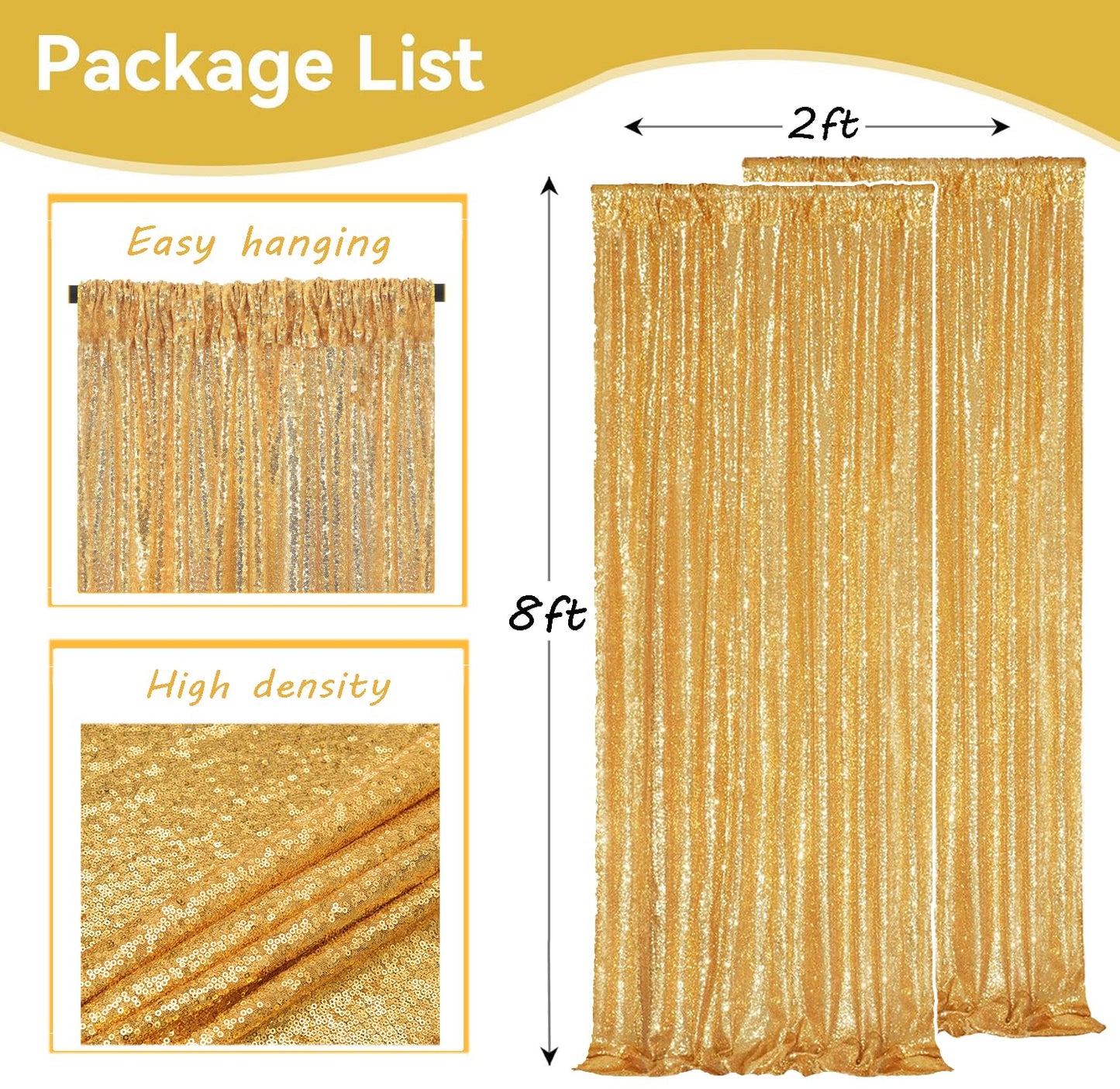 Fyledaee Gold Sequin Backdrop Curtains 2Panels 2x8ft for Party Photo Decor