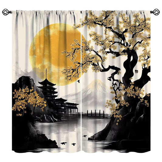 XBDDZSW Japanese Cherry Blossom Curtain Black Gold Vintage Floral Tree Asian Chinese Mountain Sun Retro Pattern Print Bedroom Living Room Rod Pocket Window Drapes 2 Panels W42xL45 Inch Decor