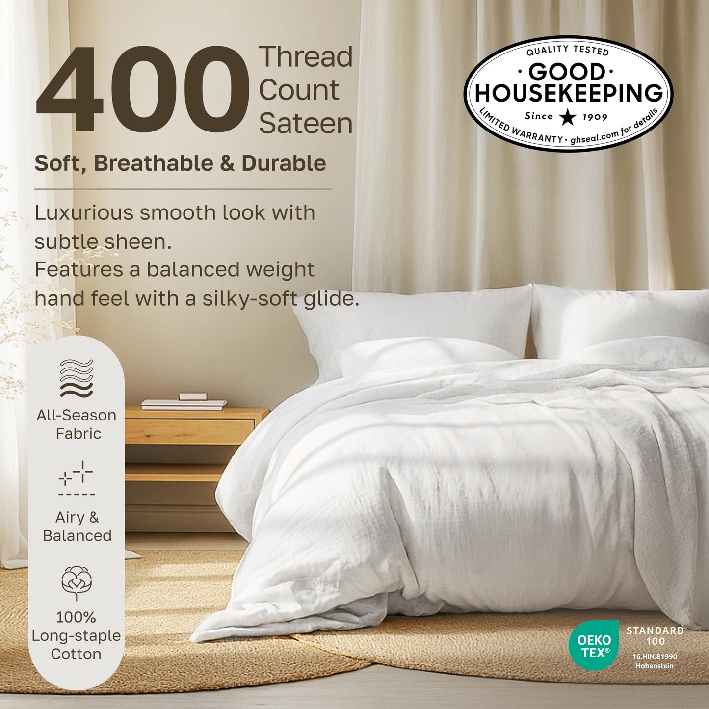 California Design Den King Fitted Sheet Only Deep Pocket - Soft 400 Thread Count Sateen, Natural 100% Cotton Fitted Sheet King, No-Pop Off Elastic, Durable - Striped White