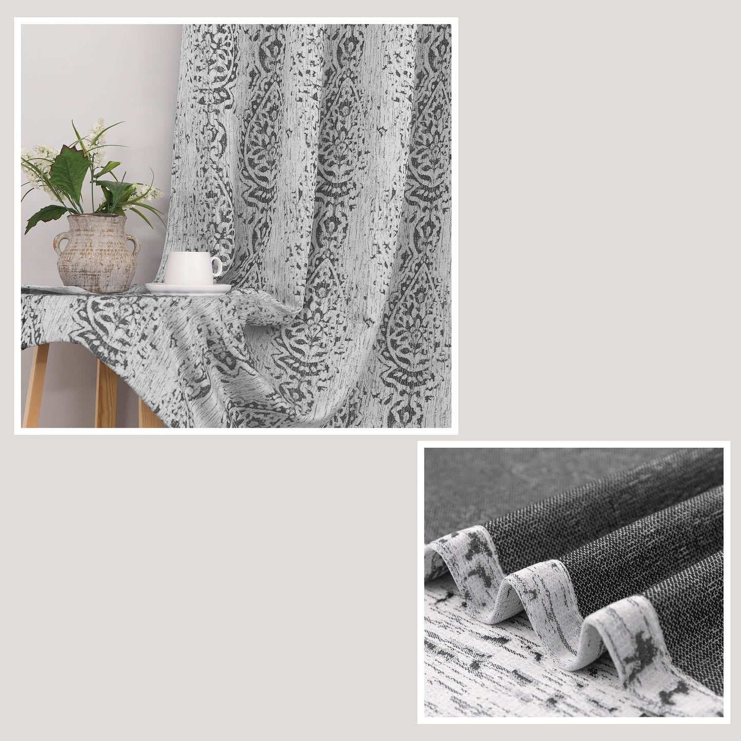 Grey and White Geometric Moroccan Patterned Curtains 84 Inches Long for Living Room 50% Blackout Room Darkening Damask Modern Stylish Curtains for Bedroom 84 Inch Length 2 Panels Set Light Gray