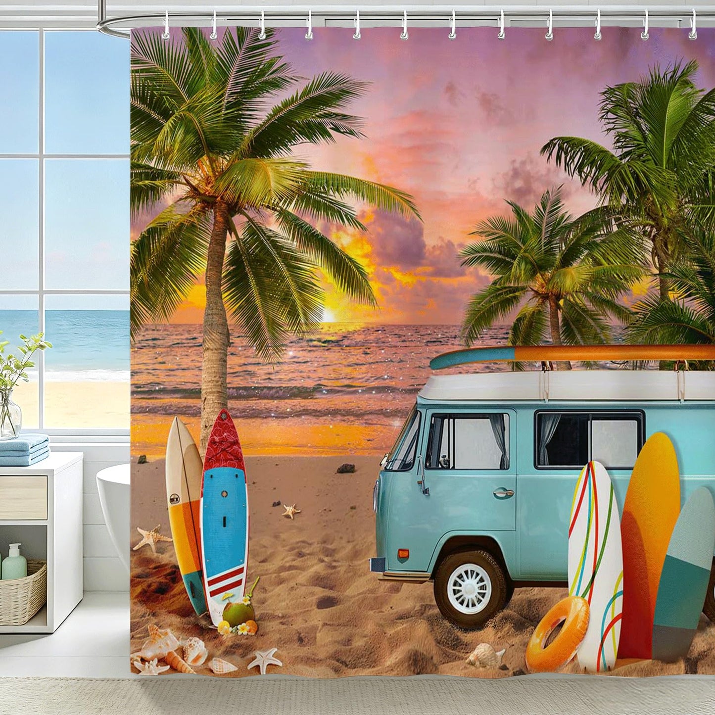 Tropical Beach Ocean Shower Curtain, Beach Palm Tree Summer Bathroom Decor Bath Curtain, Waterproof Hawaii Coastal Surfboard Tour Bus Bath Curtain, 72 X 72 Inch (Orange, 72"W x 72"L (Pack of 1))