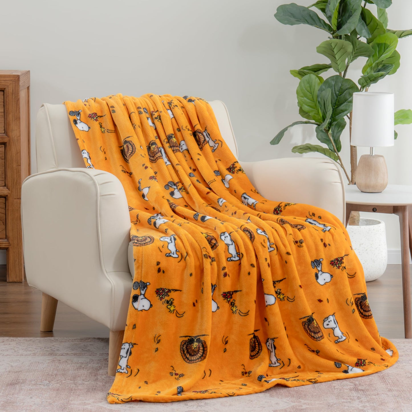Berkshire Blanket Peanuts® VelvetLoft® Cute Character Snoopy Plush Throw Blanket,Snoopy and Woodstock Fall Birds & Leafs Orange,Throw 55 in x 70 in (Official Peanuts® Product)
