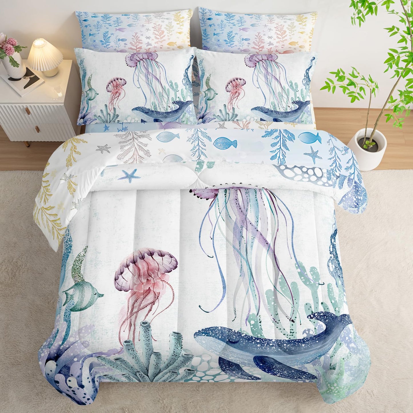 AILONEN Blue Jellyfish Kids Comforter Set Twin Size,7-Piece Soft Bed in a Bag, Teal Blue Ocean Beach Coastal Comforter & Fitted Sheet & Flat Sheet & 2 Pillowcases,2 Pillow Shams