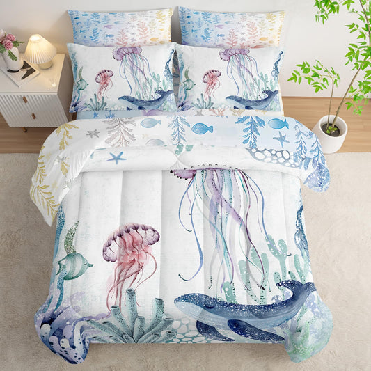 AILONEN Blue Jellyfish Kids Comforter Set Twin Size,7-Piece Soft Bed in a Bag, Teal Blue Ocean Beach Coastal Comforter & Fitted Sheet & Flat Sheet & 2 Pillowcases,2 Pillow Shams