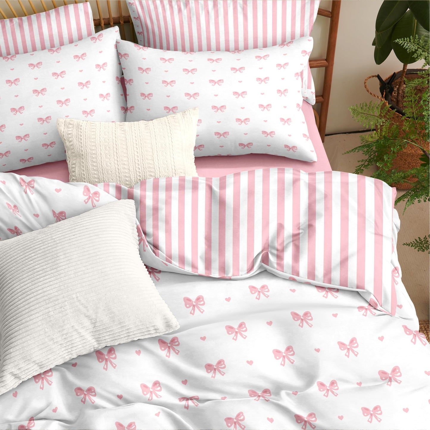 Sedefen Bow Duvet Cover Queen Size Pink Striped Heart Bedding Set Cute Love Heart Printed On White Comforter Cover with Zipper Closure Soft Breathable Microfiber for Kids Girls
