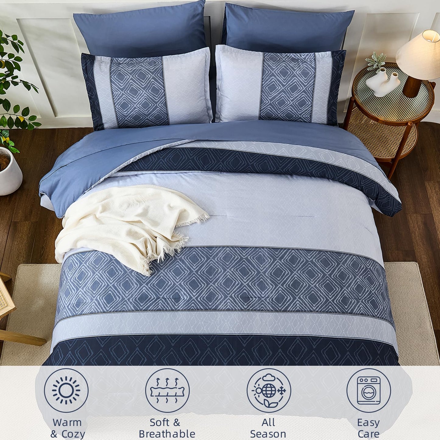 Dinjoy Boho Queen Comforter Set Mineral Blue,7 Piece Bed in a Bag Queen Size Lightweight Striped Bedding Sets with Plaid Comforters with Sheets for Family All Season