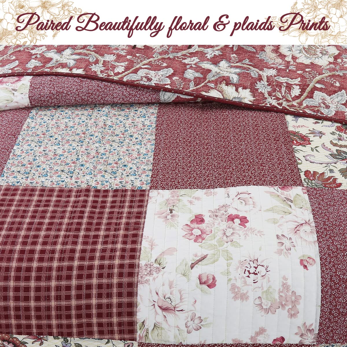 Cozy Line Home Fashions 100% Cotton Hand Piecing Real Patchwork Vintage Burgundy Rose Cottage Reversible Quilt Set, Coverlet Bedspread (Red Floral, King - 3 Piece)