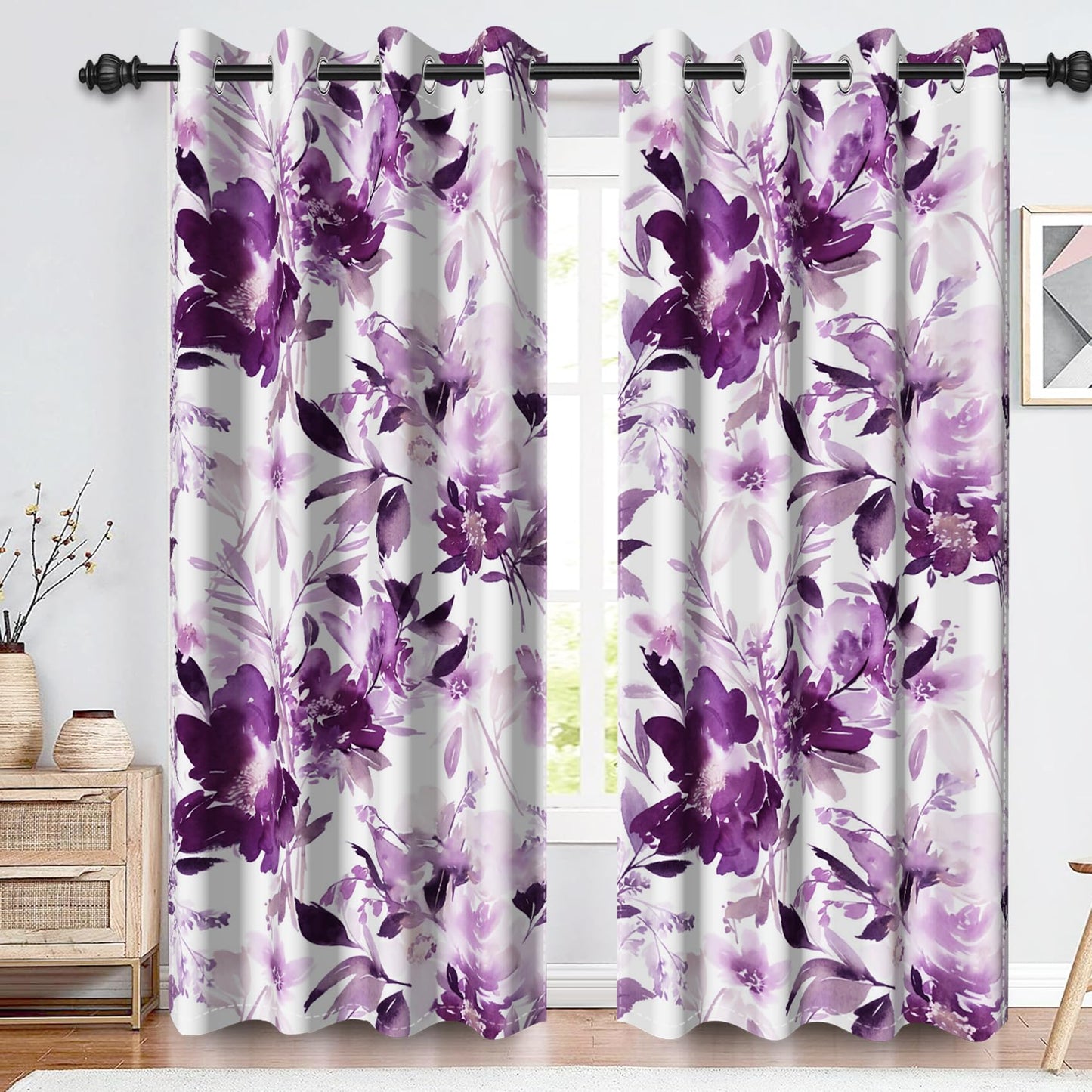 Renaiss Purples Floral Blackout Curtains for Bedroom Watercolor Flower Leaves Window Curtain Modern Abstract Ink Art Thermal Insulated Window Drapes for Living Room 2 Panels Set, 42x63 Inch