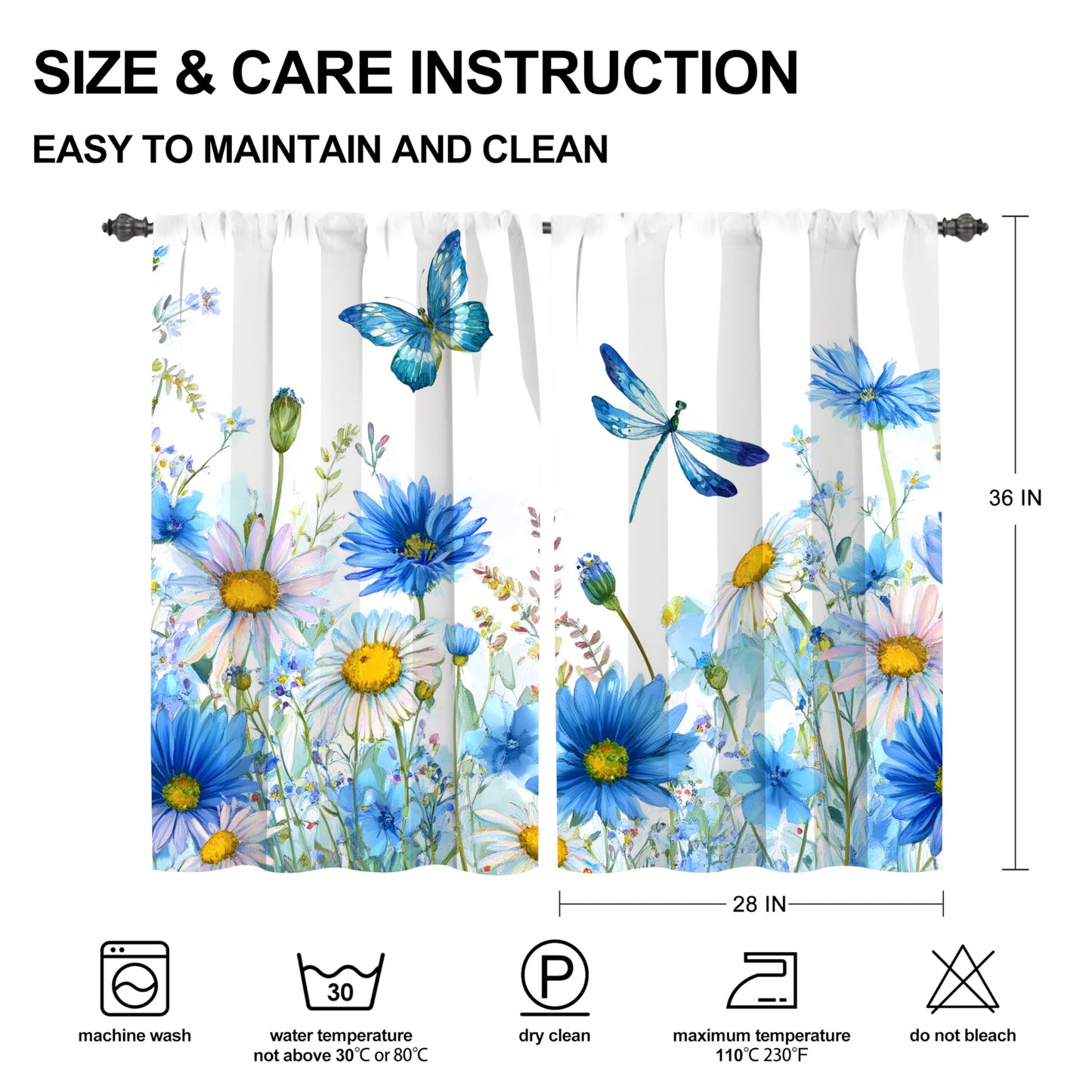 Worltoldb Spring Floral Kitchen Curtains Cafe Curtains for Bathroom Dining Room Living Room Pocket Window Drapes 2 Panels Set 28"x36"
