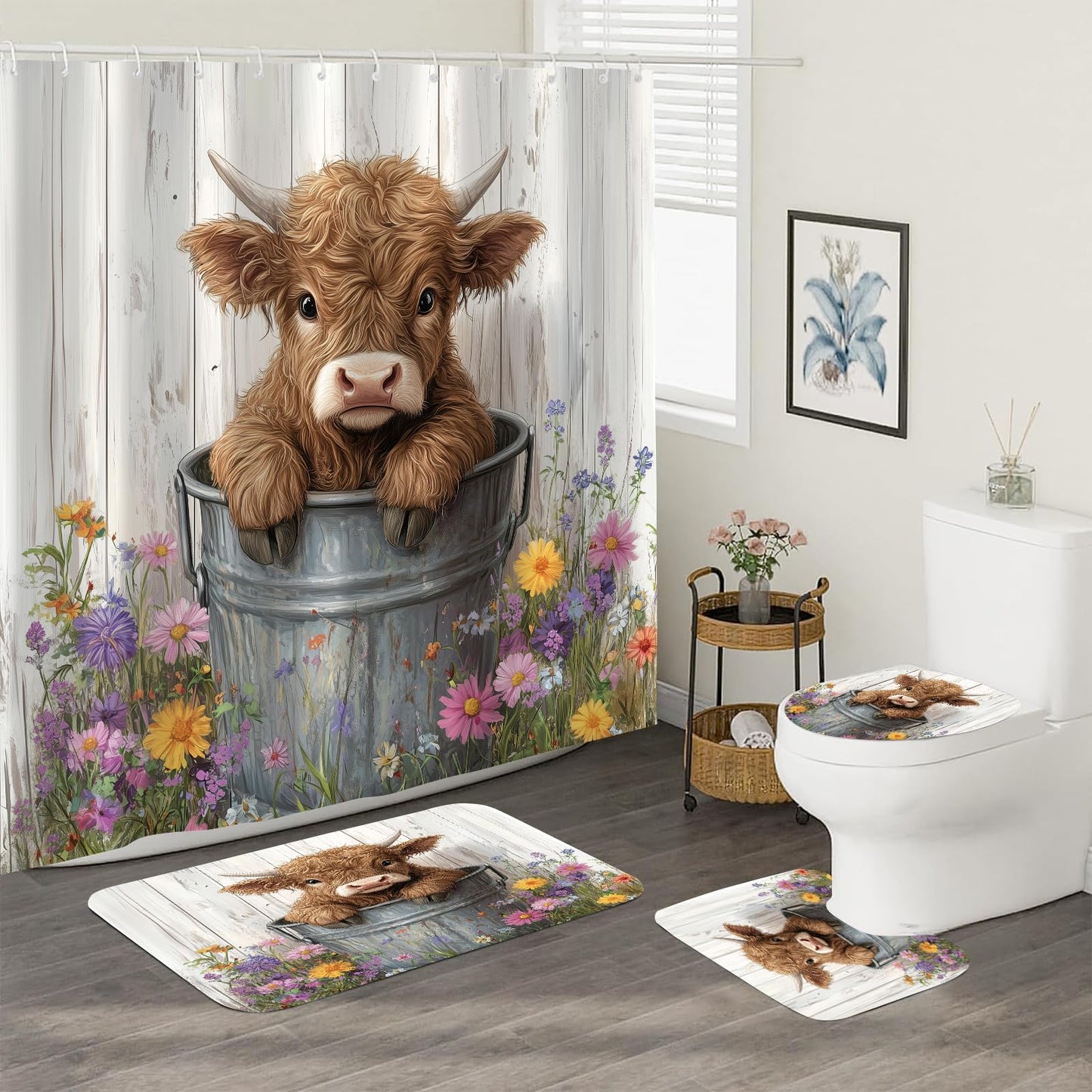 Sokdcam 4 Pcs Farmhouse Highland Cow Shower Curtain Sets with Rugs Wooden Bathroom Set, RusticCute Cow Floral Flowers Home Bath Bathtub Decor for Bathroom 72 x 72 Inch