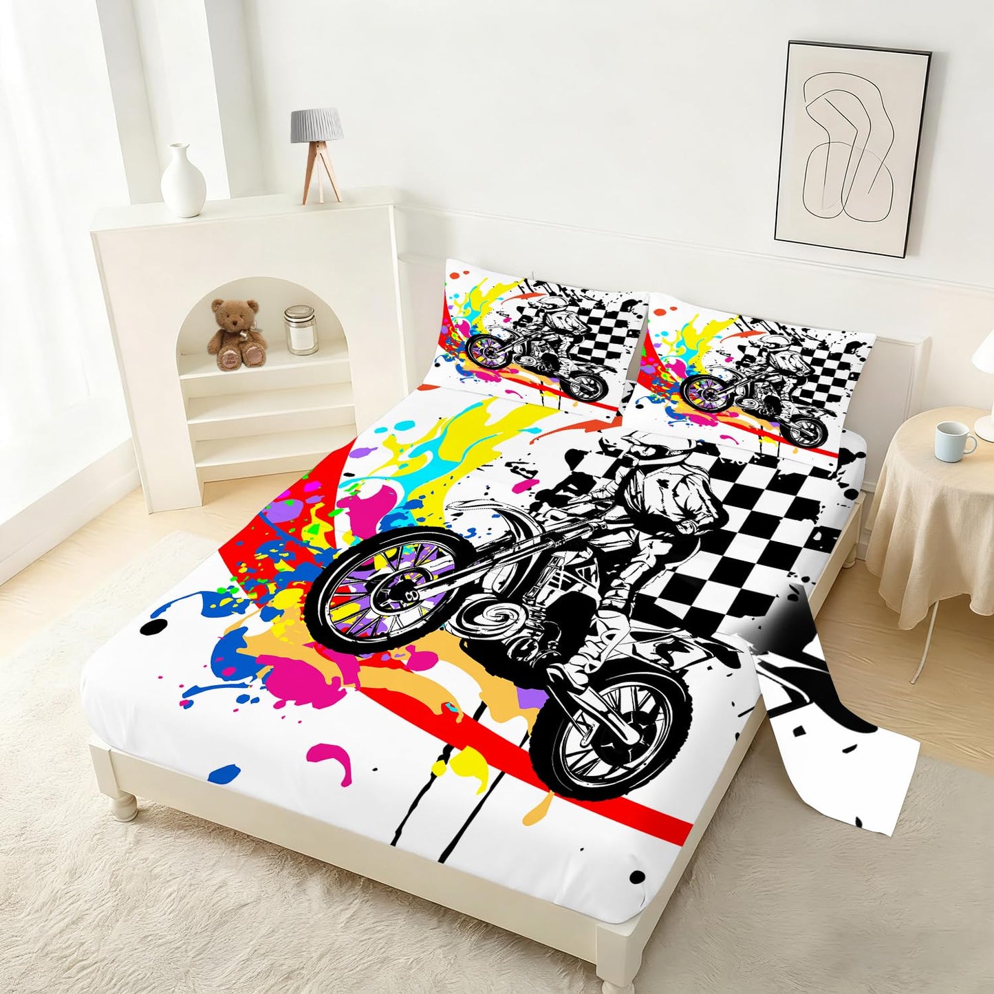 VTKON Motocross Fitted Sheet Set Twin Size Dirt Bike Bed Set for Boys Teens Graffiti Style Motorcycle Rider Sheets Black White Checkered Bed Cover with 1 Flat Sheet, 1 Fitted Sheet + 1 Pillowcase