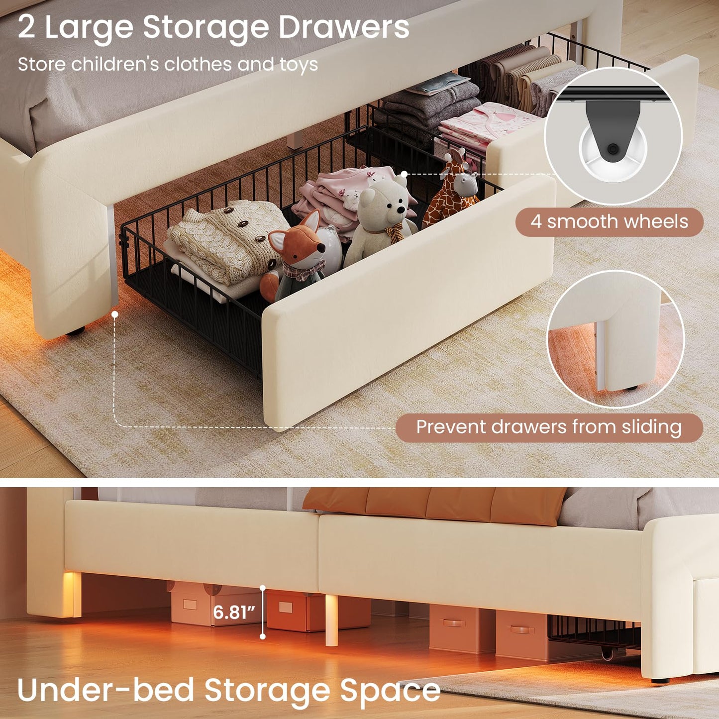 DICTAC Full Size LED Bed Frame with Storage Drawer and Safety Guardrails, Velvet Upholstered Platform Bed for Kids with Chic Wavy Storage Headboard, Charging Station, Heavy Duty Metal Support, Beige