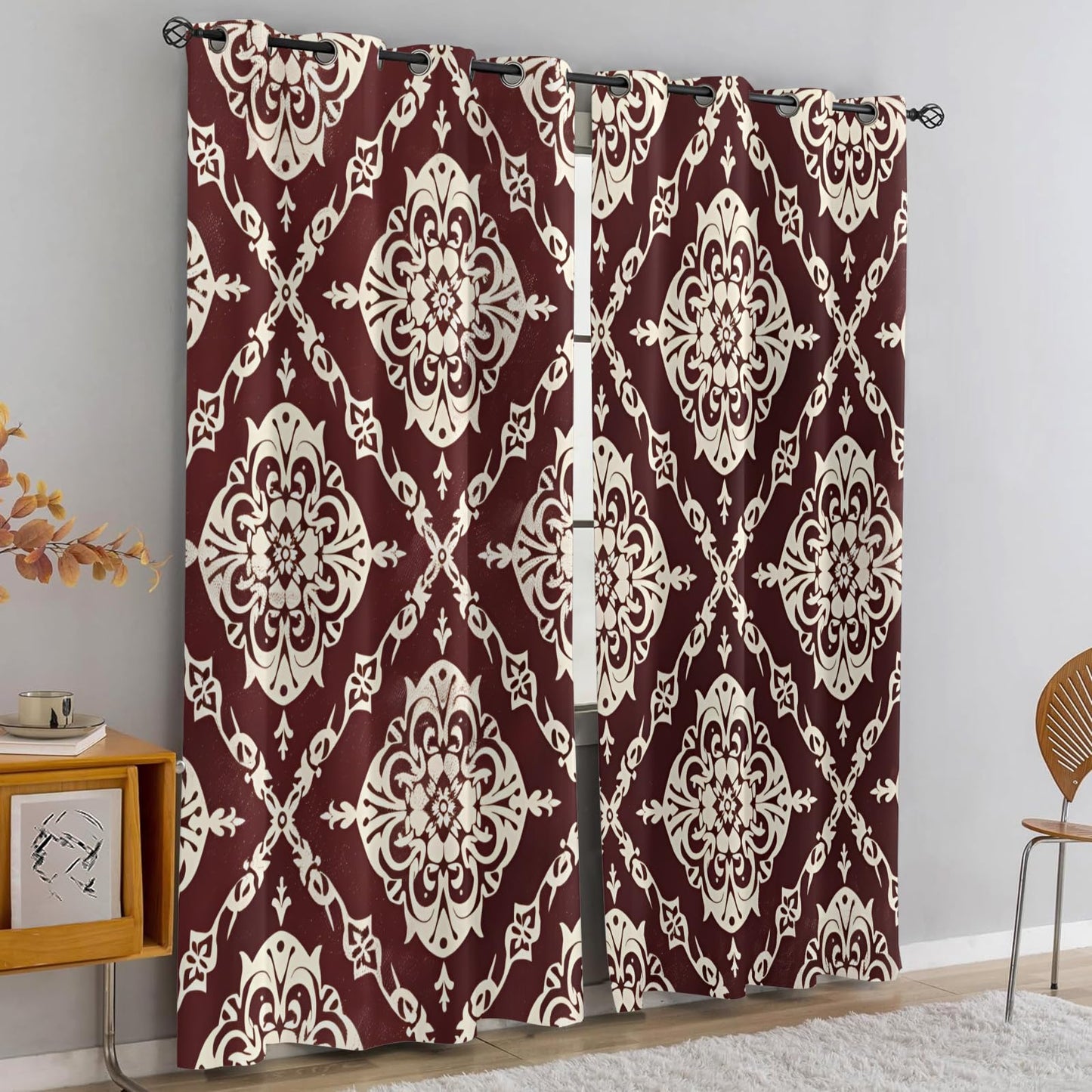 XAFIAUR Floral Blackout Curtains Traditional Patterns Print Curtain, Rhombus Art Drapes for Kids Bedroom Play Room 2 Panels Darkening Grommets Window Treatment 31.5" W x 63" L x2