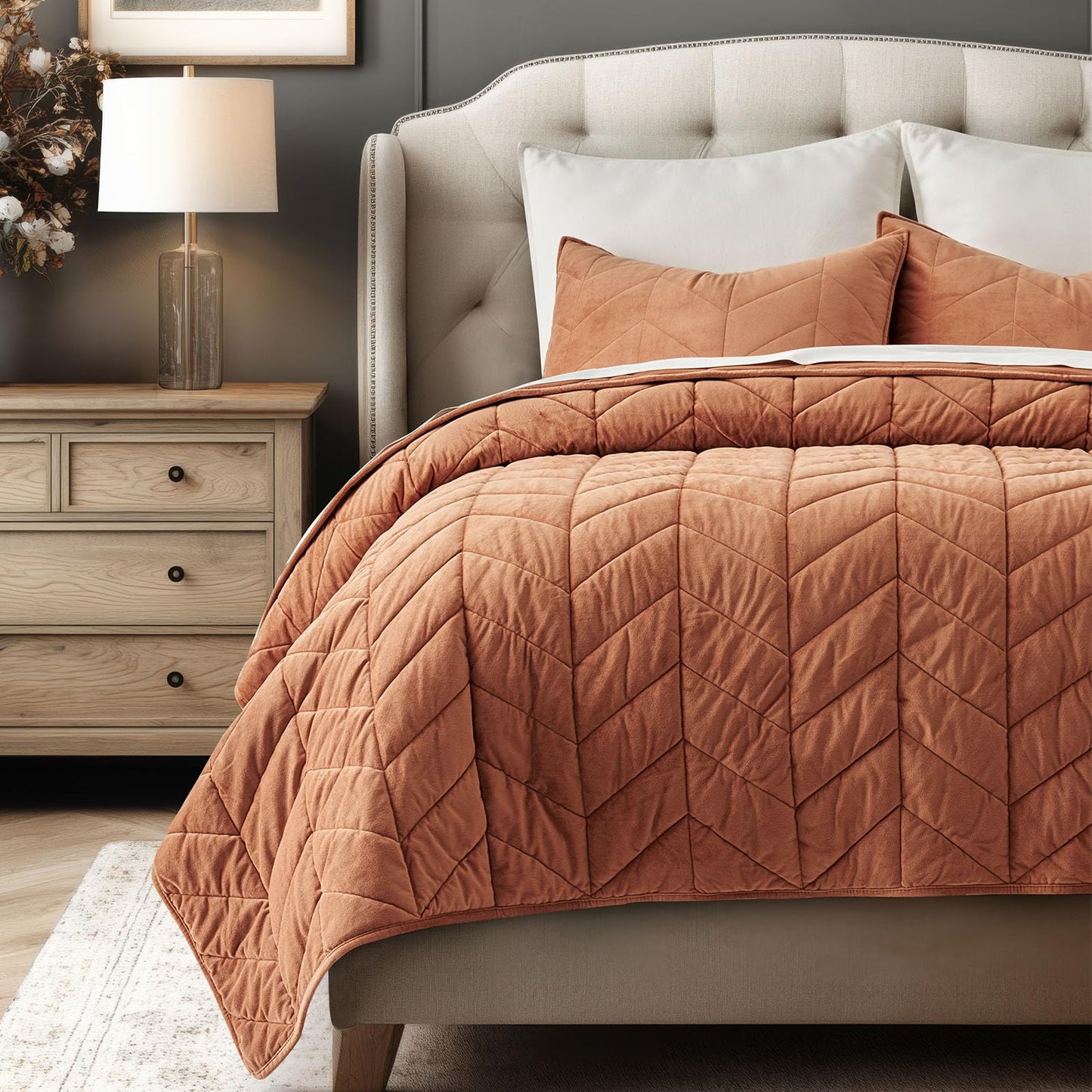 EVERGRACE 3 Pieces Luxurious Velvet King Quilts, Ultra Soft Lightweight Velvet Comforter Set, Matelasse Oversized Bedspread Coverlet for All Season with 2 Shams, Burnt Orange, 108"x96"