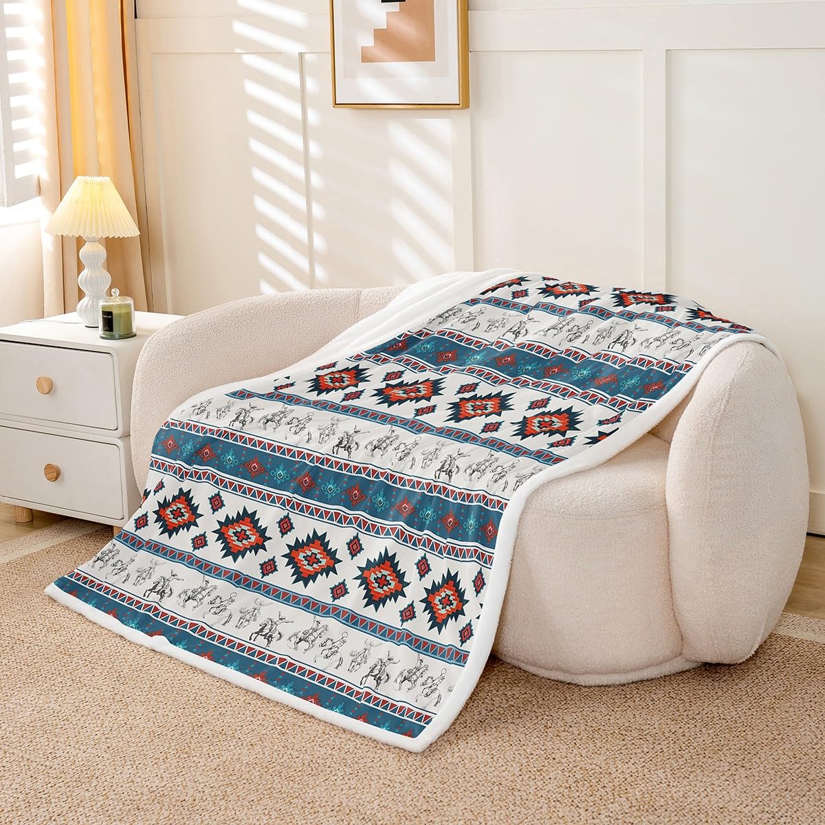 Feelyou Western Cowboy Sherpa Throw Blanket for Couch Southwestern Aztec Pattern Super Cozy Fleece Ranch Farmhouse Blanket for Winter, Plush Throw Horse Riding Design 40"x50" Teal and Red All Season