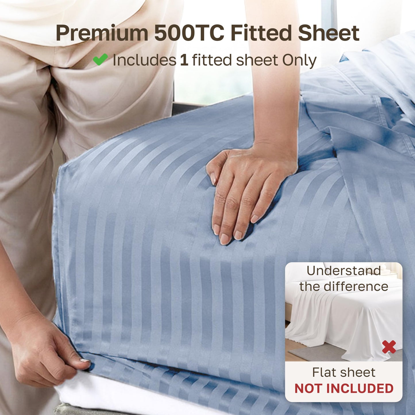 California Design Den Cotton Sateen Damask Stripe Fitted Queen Sheet Only - Soft 100% Cotton Sateen, Deep Pocket Bottom Fitted Sheet - Light Blue