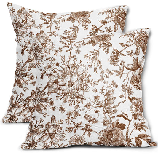 ABSOP Brown and White Pillow Covers 18x18 Inch Set of 2 Vintage Brown Floral Throw Pillow Covers Morden Outdoor Flower Pillowscase Cotton Linen Cushion Covers for Sofa Couch Bedroom Home Decor
