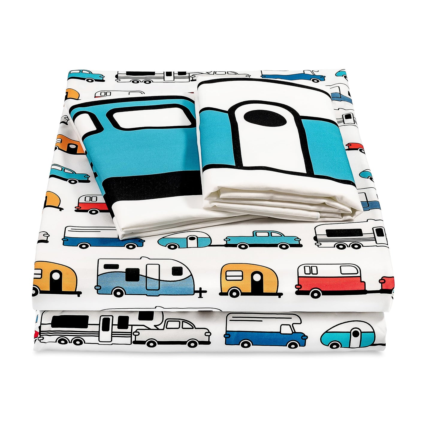 Camco Camper & RV Queen Sheet Set - Features Travel Trailer Print Design - Crafted of Soft Machine Washable Polyester - 4 Piece Set Includes Fitted Sheet, Flat Sheet, & 2 Pillowcases (53299)