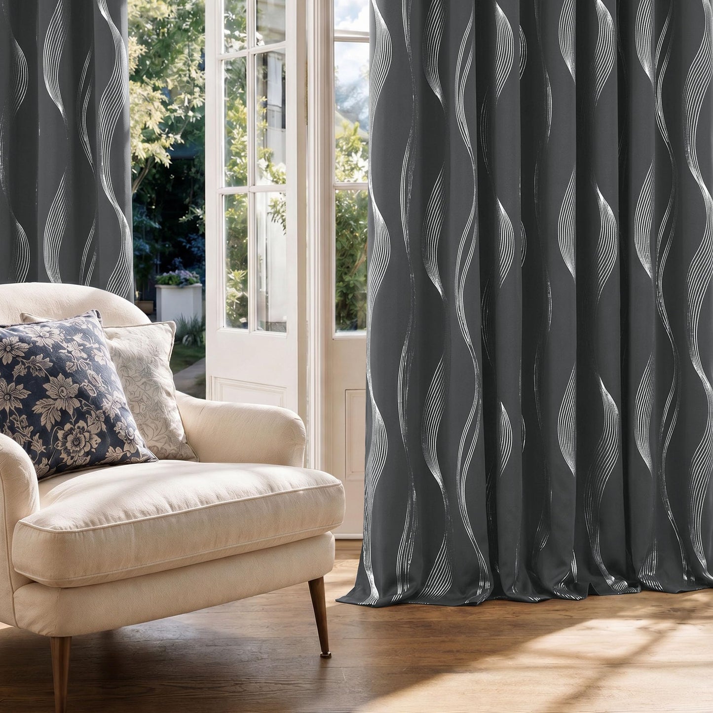 Deconovo Silver Foil Wave Pattern Total Blackout Curtain Panels, Living Room Curtains, White Grommet Top, 2 Panels Set, 52W x 84L, Dark Grey