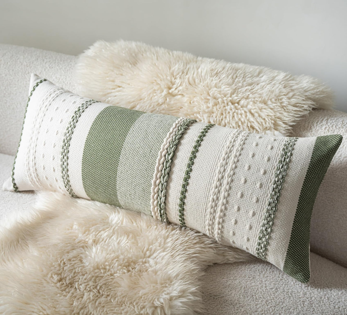 Cethom Boho Lumbar Pillow Covers 14x36 Inch Long, Green Textured Decorative Couch Pillow Cases for Farmhouse Home Decor, Accent Cushion Cover for Sofa, Bed, Living Room, Bedroom, Pack of 1