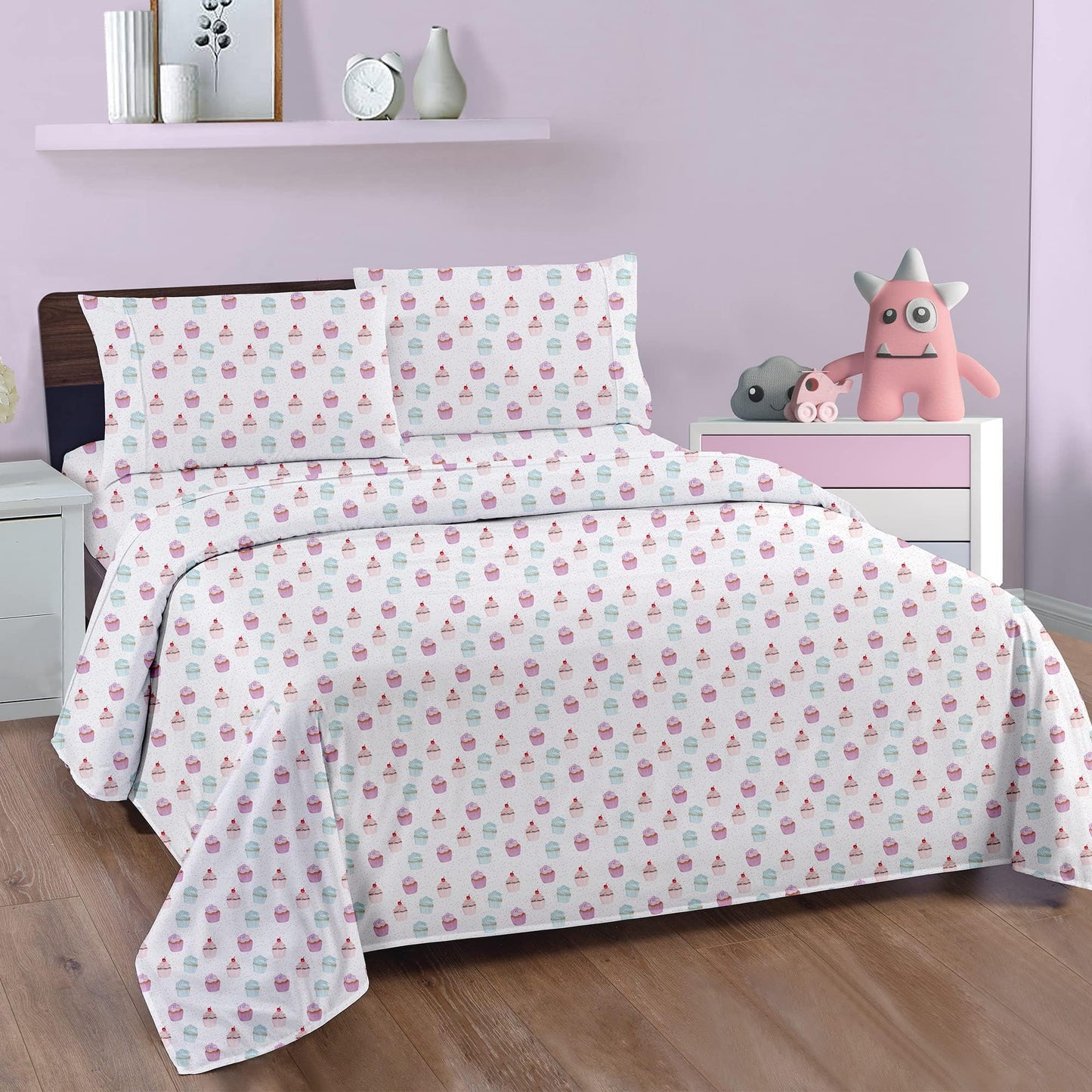 Softan Kids Bed Sheet Set, 3-Piece Twin Sheets Set, Microfiber Fitted Sheet with 15 Inches Deep Pocket and Corner Straps, Breathable & Silky Soft Ice Cream Cake Pattern Sheet and Pillowcase Sets