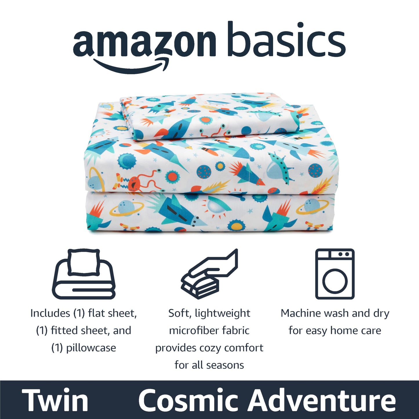Amazon Basics Microfiber Kids' Sheet Set with Pillowcase, 3-Piece, Twin, Cosmic Adventure