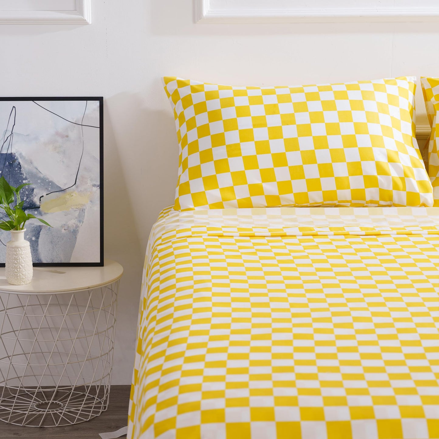 Best Season Bed Sheet Set 3 Piece -Twin Size-Soft Durable Microfiber Bedding Sheet Set,Deep Pocket,Stain,Fade & Wrinkle Resistant Green and White Checkerboard Grid(Plaid Yellow&White)