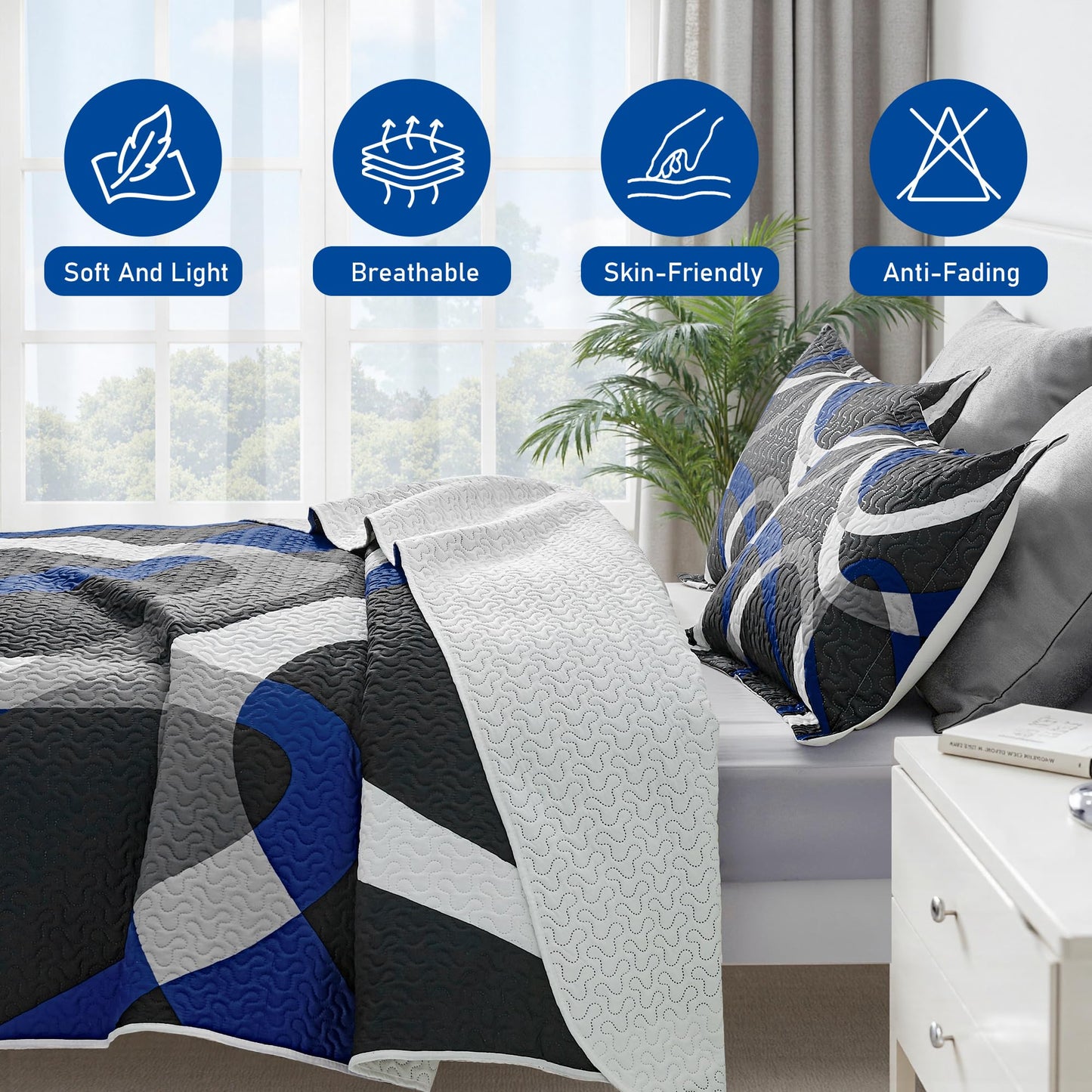 weesire Black and Blue Bedding Quilt Queen Size with 2 Shams, Modern Stripe Comforter Sets Classic Line Pattern Bedspreads Grey and Blue Coverlet, 90''x96''