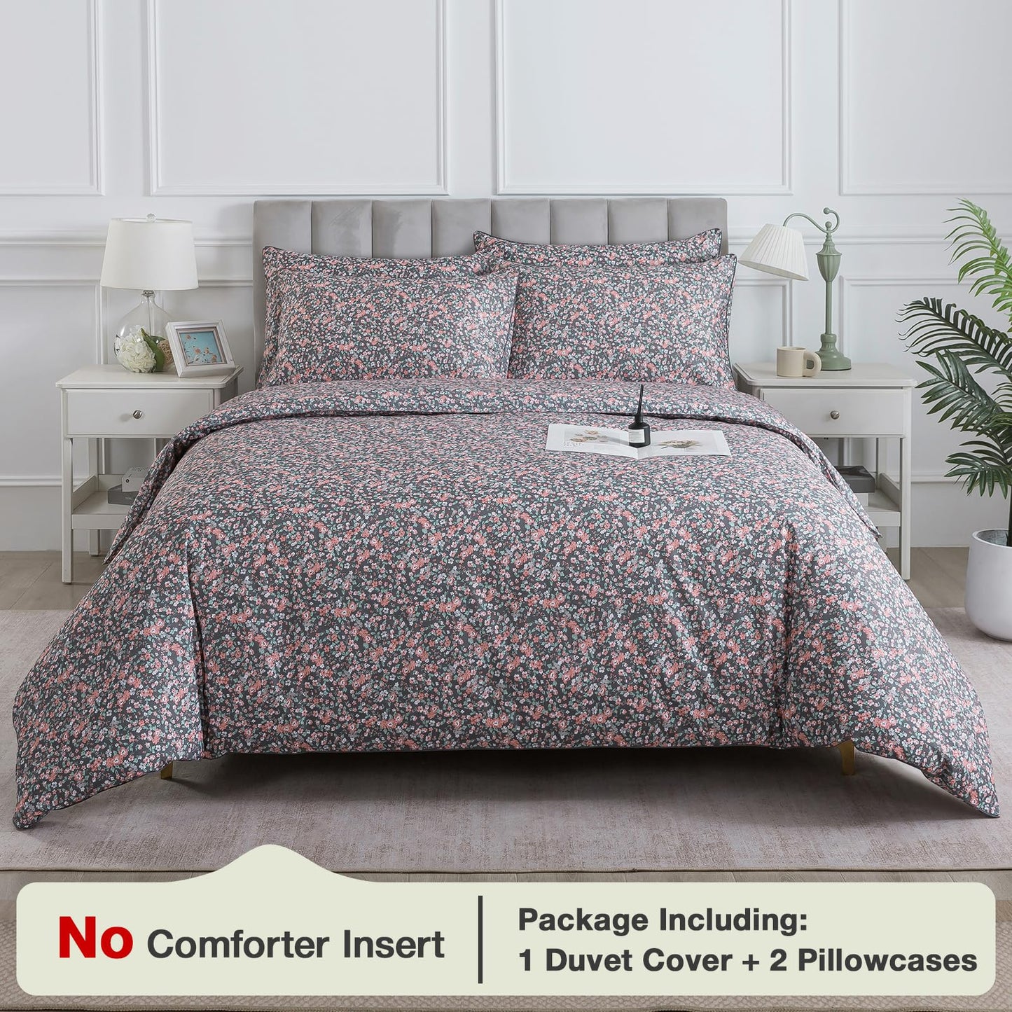 Puralens Dark Grey Vintage Floral Duvet Cover, King 100% Cotton Percale Pink Flower Comforter Cover Set, Shabby Chic Reversible Toile Bed Cover Set with Ties, Luxury Farmhouse Zipper Bedding, 3Pcs