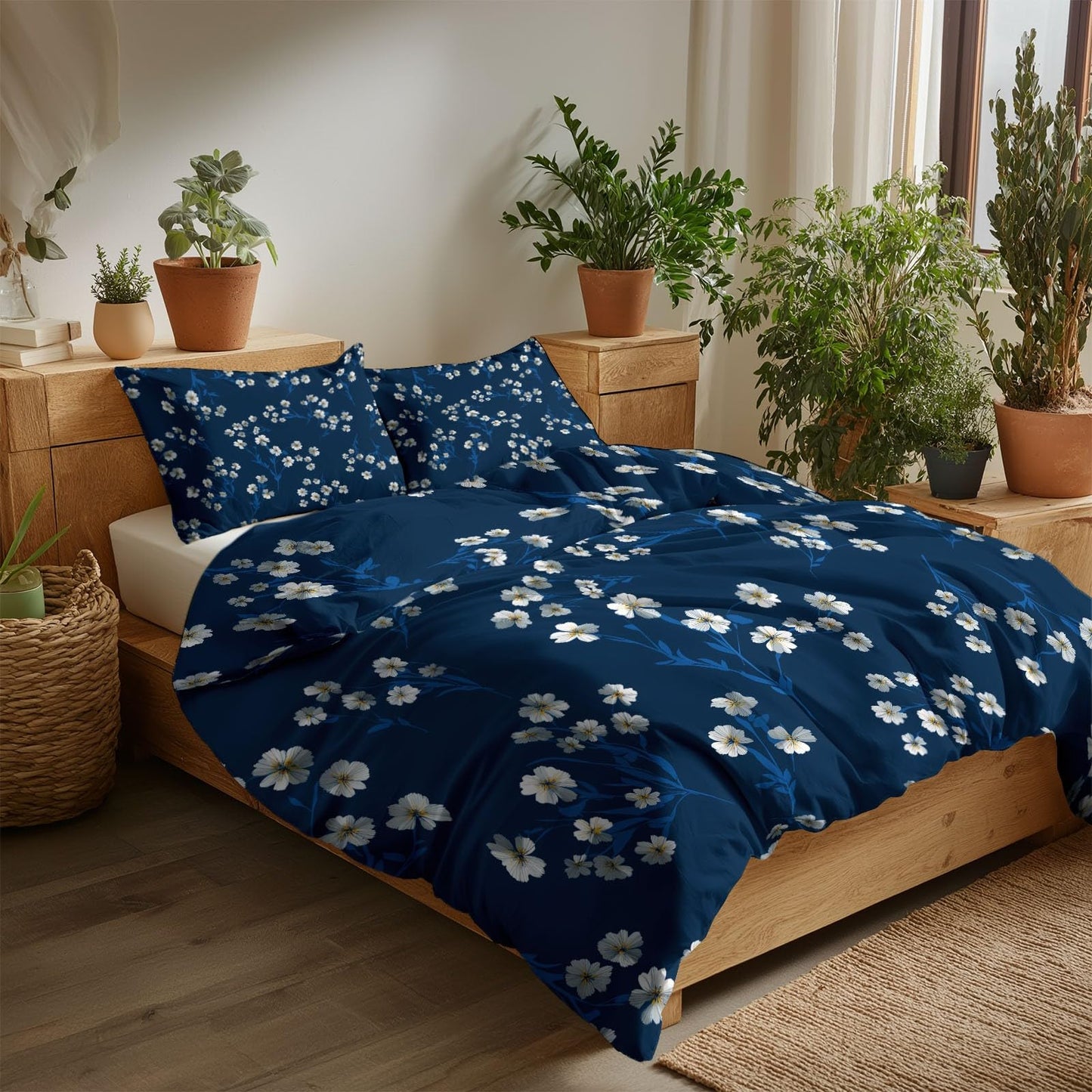 Super Soft Japanese Floral Style Duvet Cover Set Twin Size, Minimalist White Small Flowers Navy Blue Bedding for Kids Boys Girls Teens - Breathable and Anti-Allergic Soft Comforter Cover