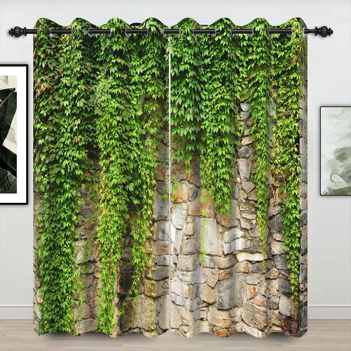 Umpoo Green Ivy Leaf Blackout Curtains Leaves Plants Rustic Stone Wall Spring Scenery Curtain for Living Room Bedroom Home Decoration Window Drapes Fabric Set of 2 Panels, 42x96 Inch