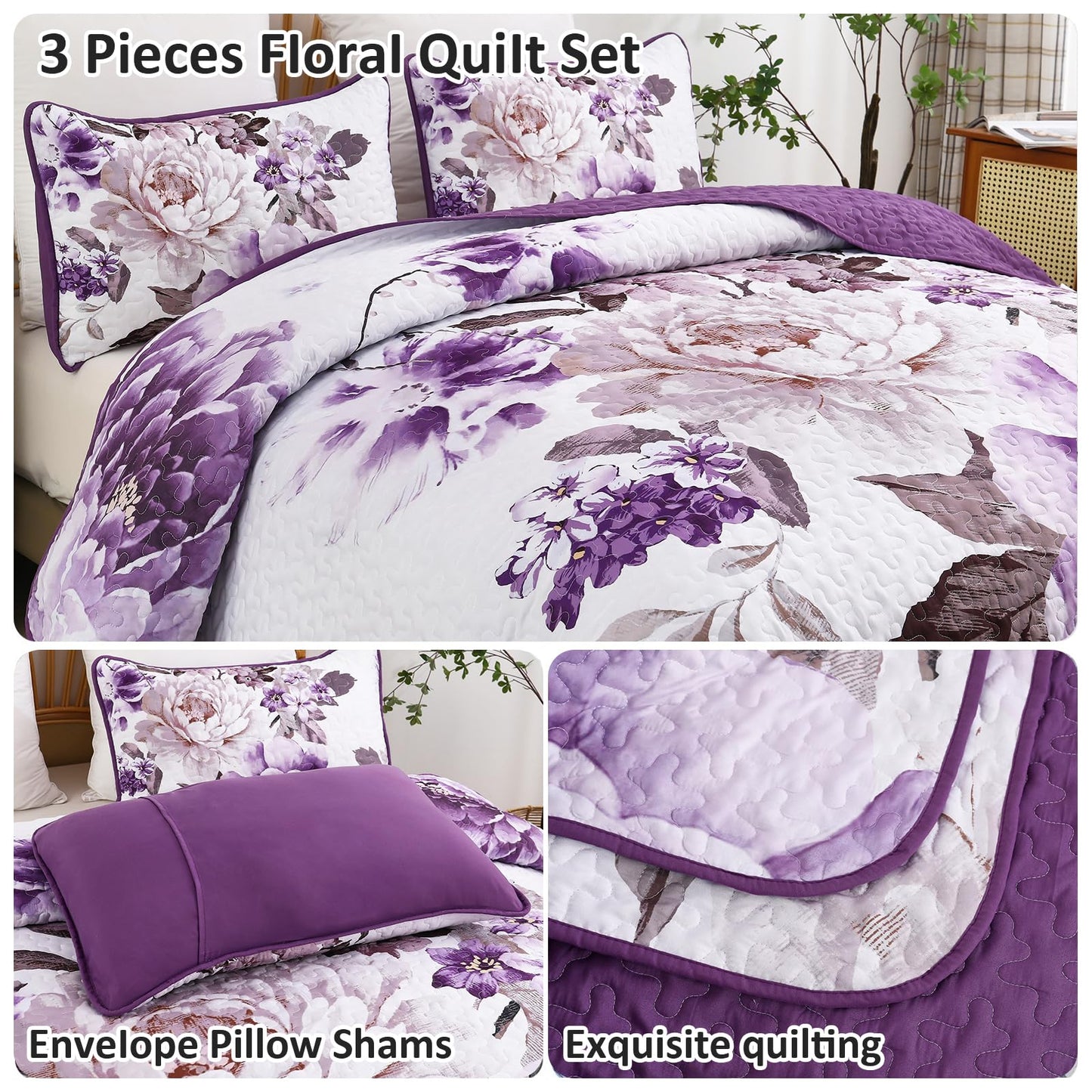 WONGS BEDDING Floral Quilt Set Purple Queen,Quilted Printed Lightweight Bedspread Bedding Set for All Season,3 Pieces Reversible Botanical Plant Coverlet Set with 2 Pillow Shams